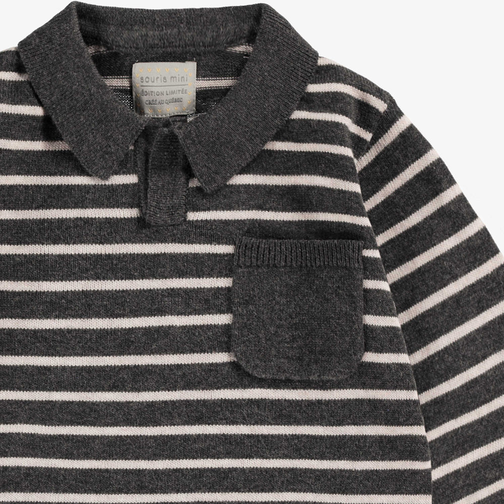 Grey Striped Knit Baby Polo Shirt