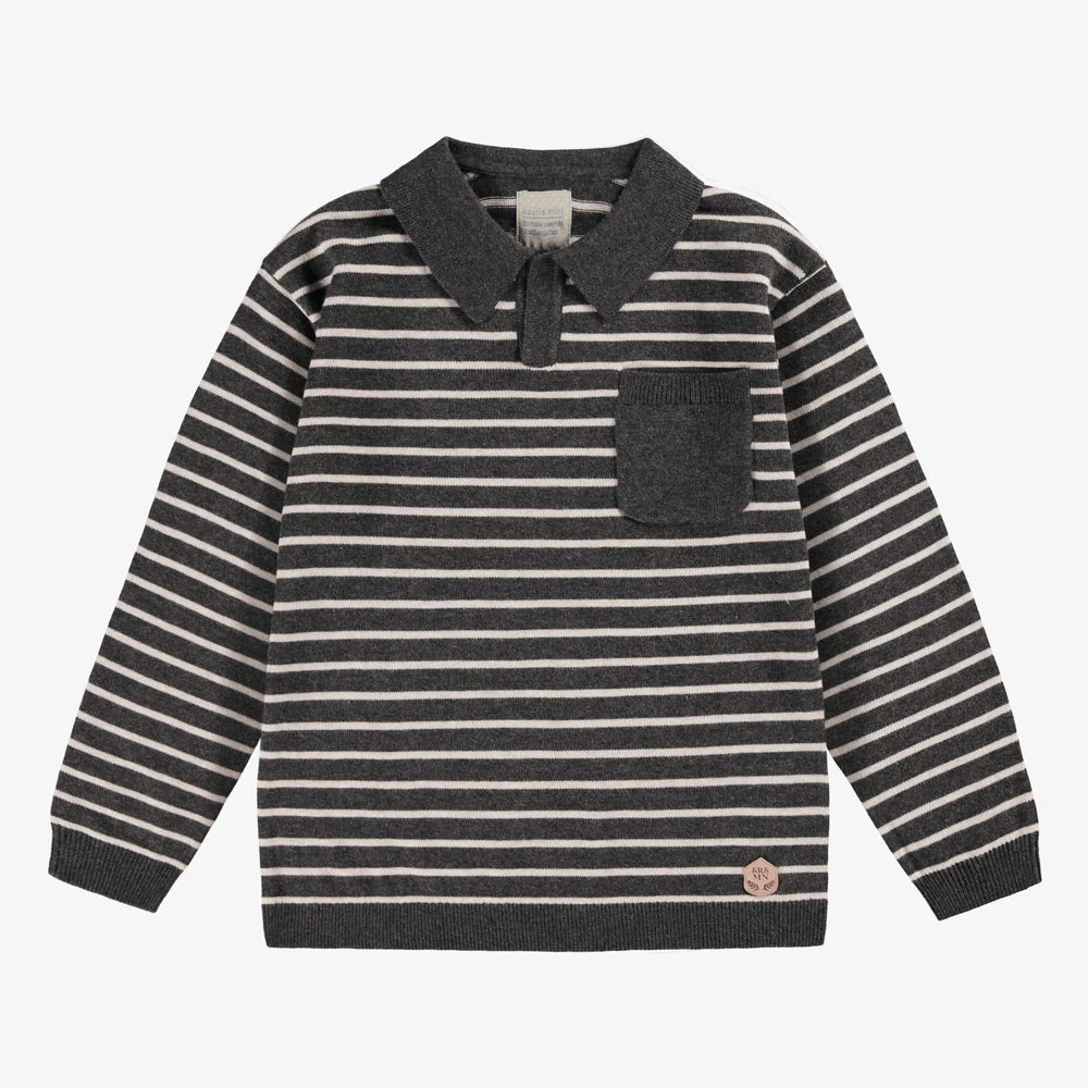 Grey Striped Knit Polo Shirt