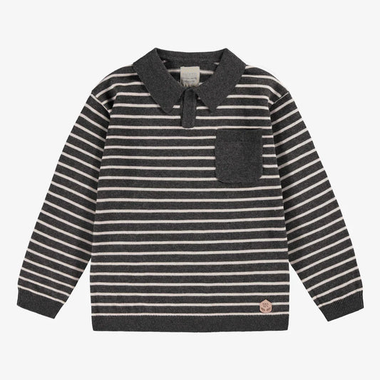 Grey Striped Knit Polo Shirt