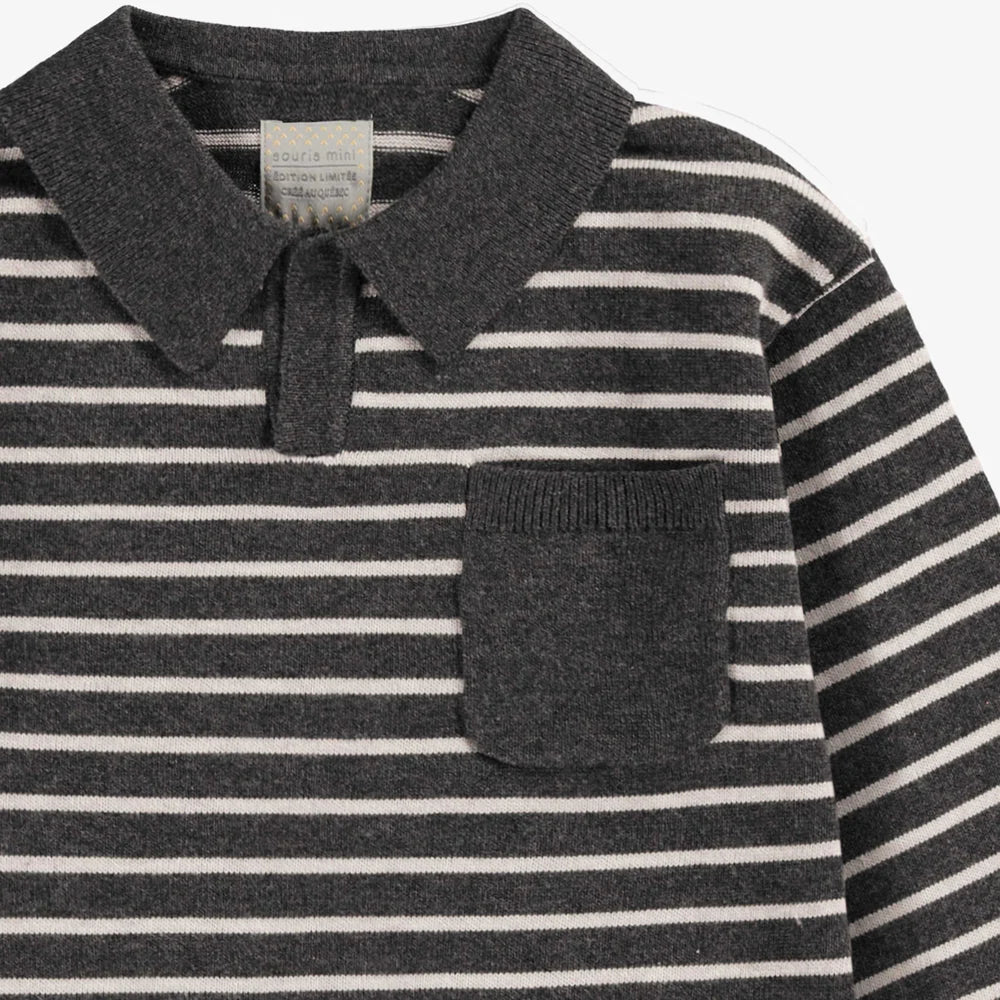 Grey Striped Knit Polo Shirt