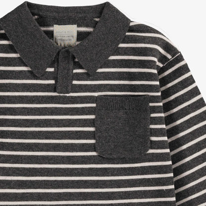 Grey Striped Knit Polo Shirt
