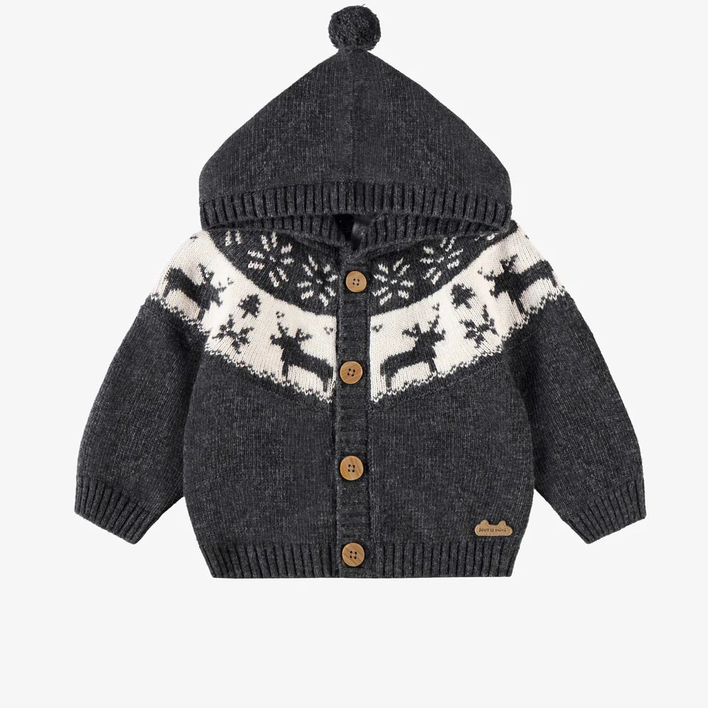 Knit Grey Reindeer Jacquard Baby Cardigan