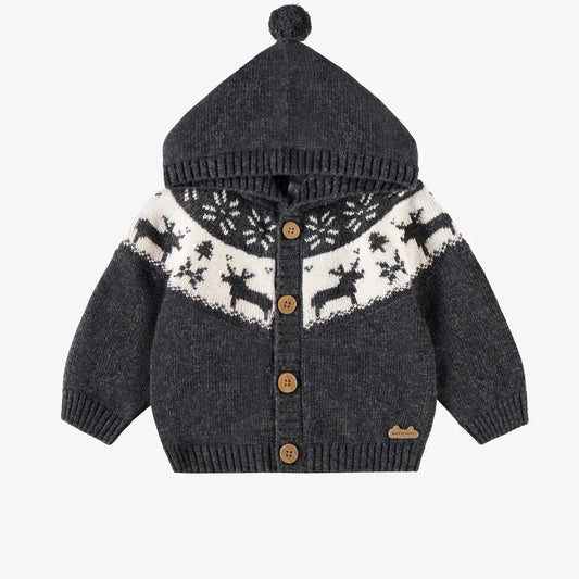 Knit Grey Reindeer Jacquard Baby Cardigan