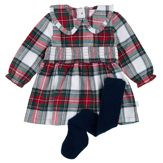 Plaid Flannel Holiday Dress & Tights Set