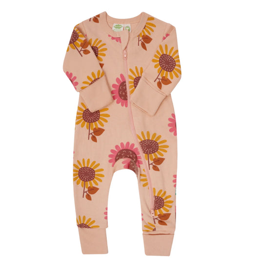 Organic Long Sleeve Zip Romper- Sunflowers