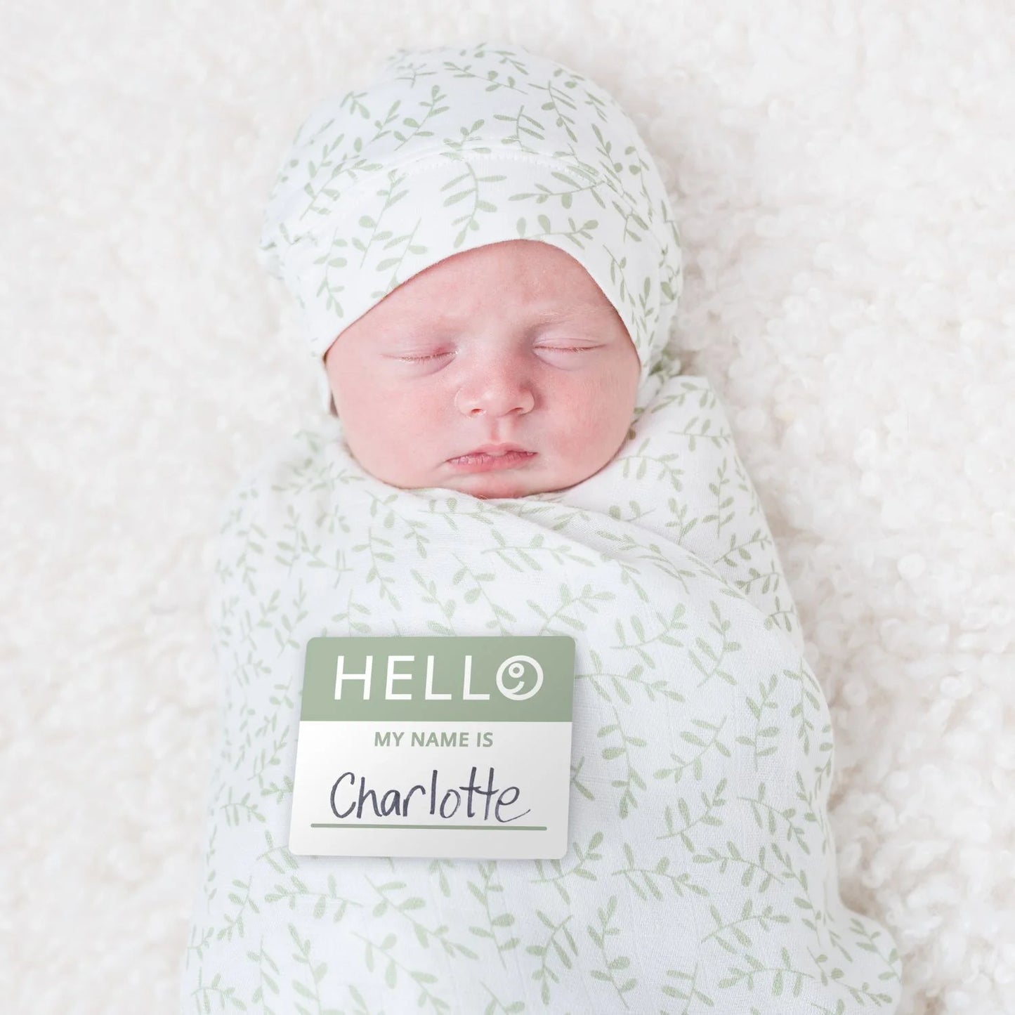Hello World Knotted Hat & Muslin Swaddle Set- Greenery