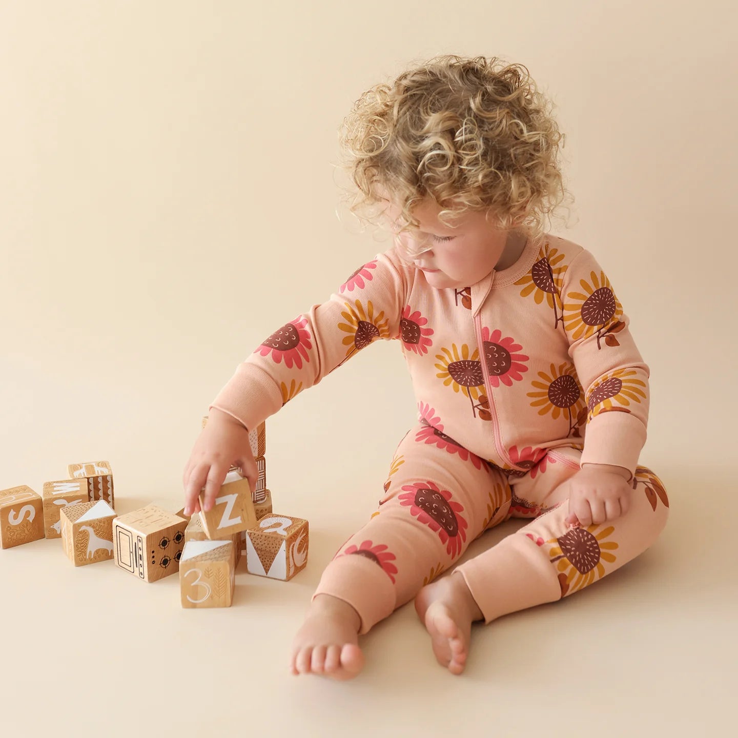 Organic Long Sleeve Zip Romper- Sunflowers