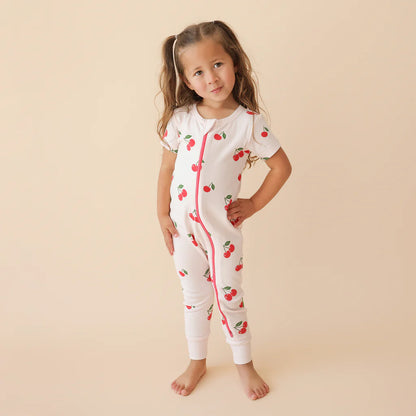Organic Short Sleeve Zip Romper- Cherries