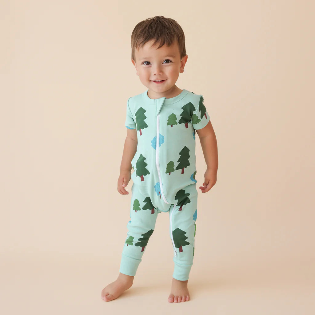 Organic Short Sleeve Zip Romper- Forest