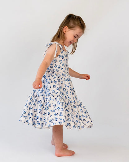 Bamboo Shoulder Tie Tiered Dress- Bluebell