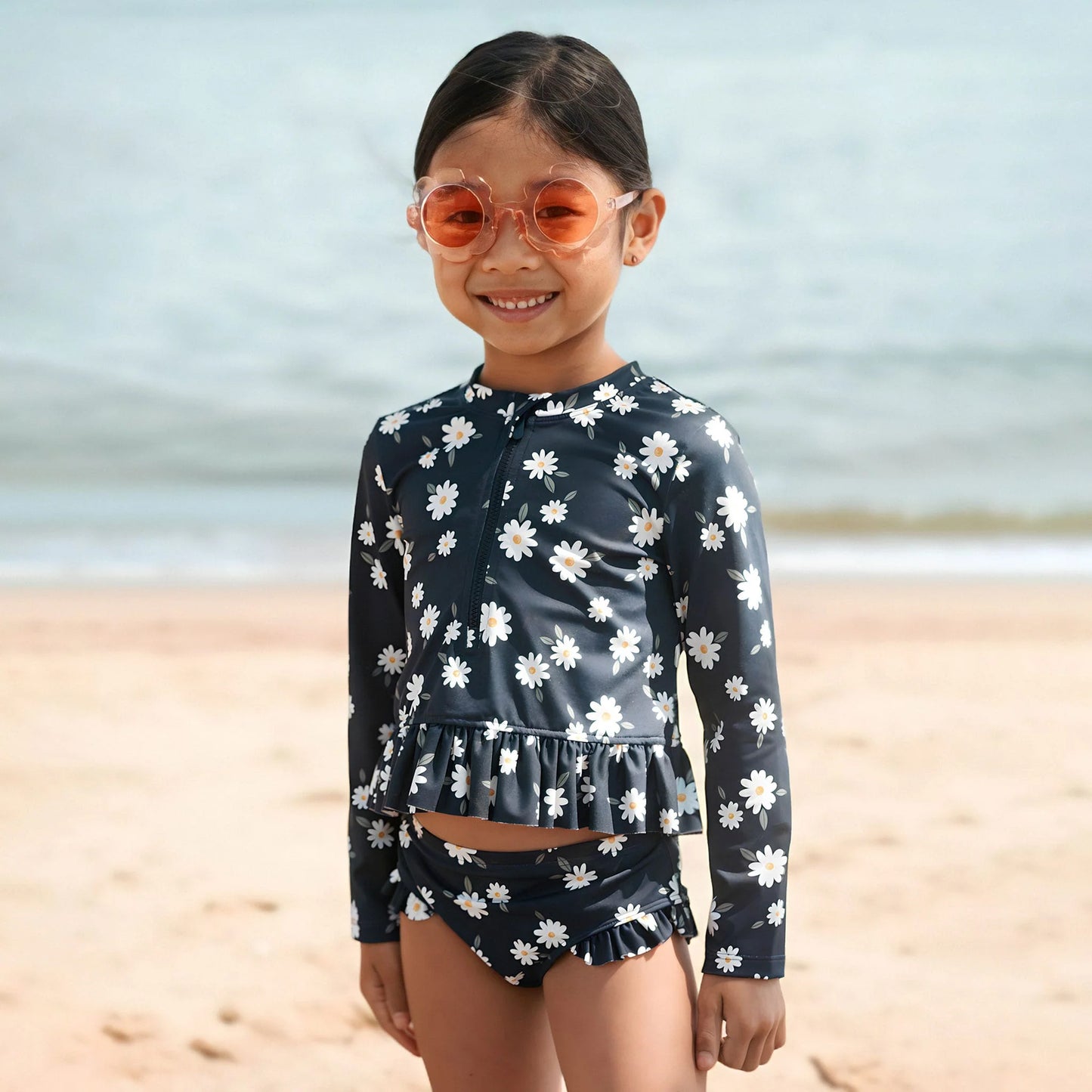 Navy Daisies Ruffle Rashguard Set