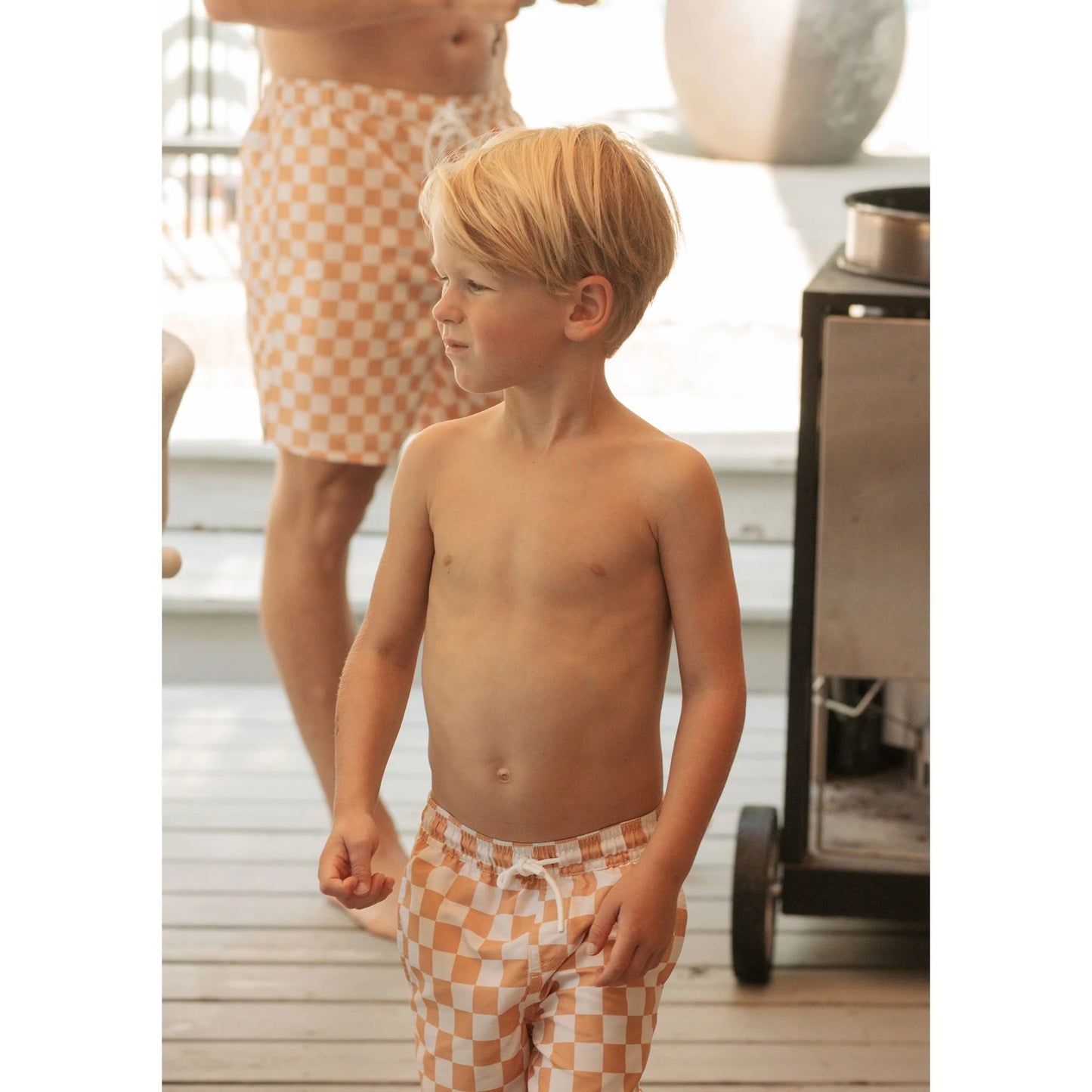 Orange Checkered Kids Swim Trunks