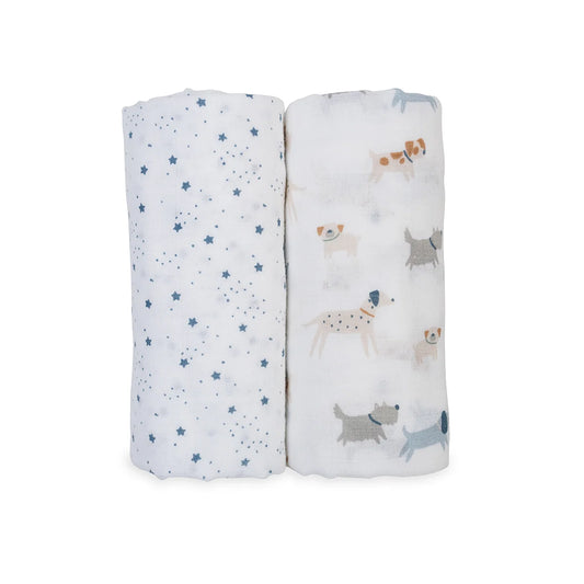 Cotton Muslin Swaddle Blanket 2pk.- Puppies and Stars