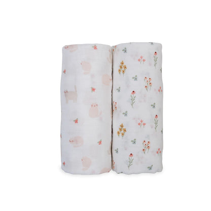 Cotton Muslin Swaddle Blanket 2pk.- Kitties and Flowers