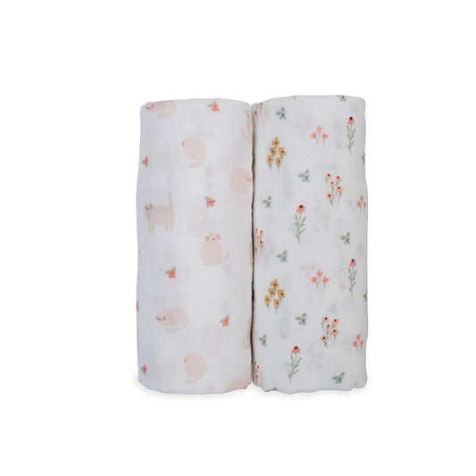 Cotton Muslin Swaddle Blanket 2pk.- Kitties and Flowers