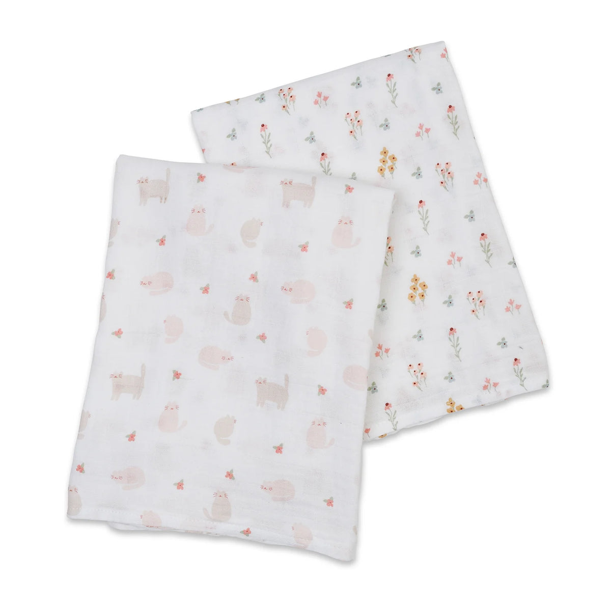 Cotton Muslin Swaddle Blanket 2pk.- Kitties and Flowers