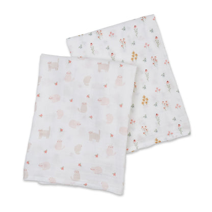 Cotton Muslin Swaddle Blanket 2pk.- Kitties and Flowers