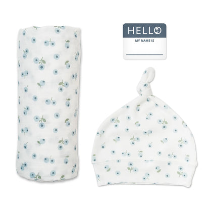 Hello World Knotted Hat & Muslin Swaddle Set- Blueberries