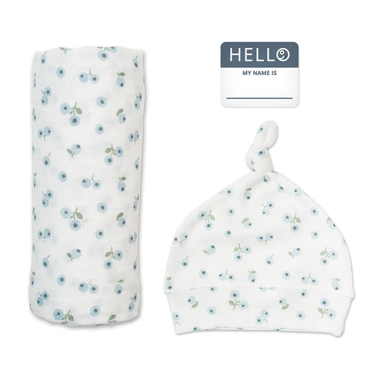 Hello World Knotted Hat & Muslin Swaddle Set- Blueberries