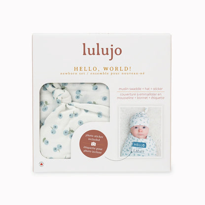 Hello World Knotted Hat & Muslin Swaddle Set- Blueberries