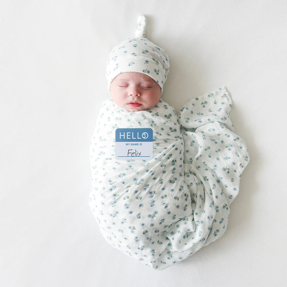 Hello World Knotted Hat & Muslin Swaddle Set- Blueberries