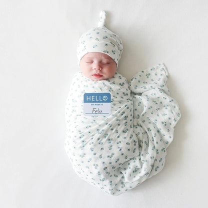 Hello World Knotted Hat & Muslin Swaddle Set- Blueberries