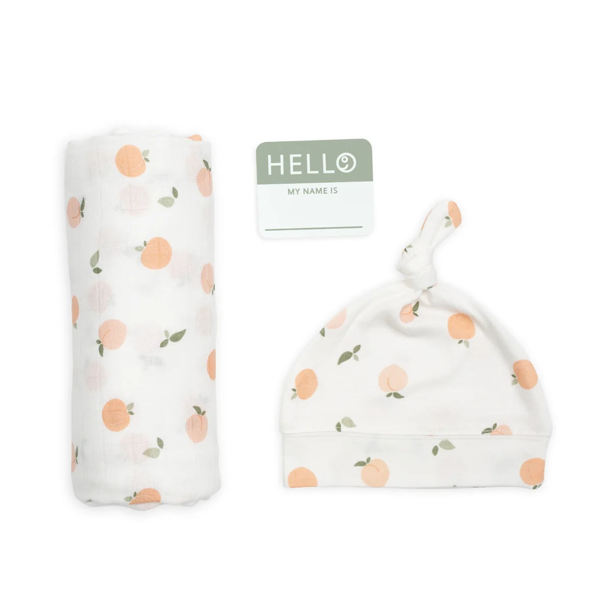 Hello World Knotted Hat & Muslin Swaddle Set- Peaches