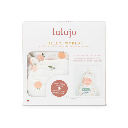Hello World Knotted Hat & Muslin Swaddle Set- Peaches