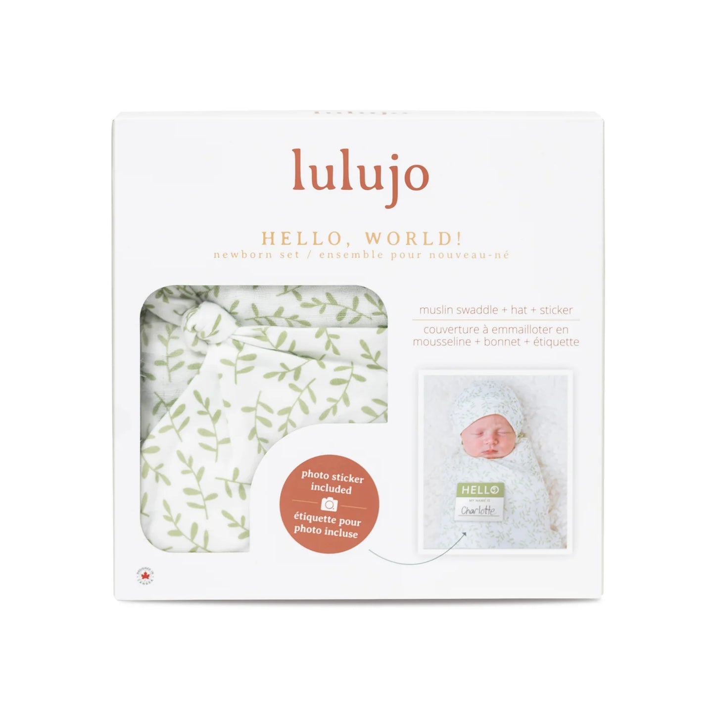 Hello World Knotted Hat & Muslin Swaddle Set- Greenery