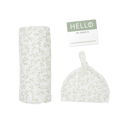 Hello World Knotted Hat & Muslin Swaddle Set- Greenery