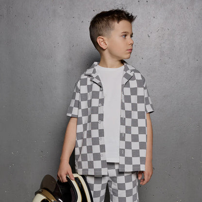 Dark Grey Checkerboard Button Down Polo Tee