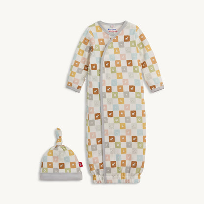 Magnetic Organic Cotton Gown & Knotted Hat Set- Checkmate