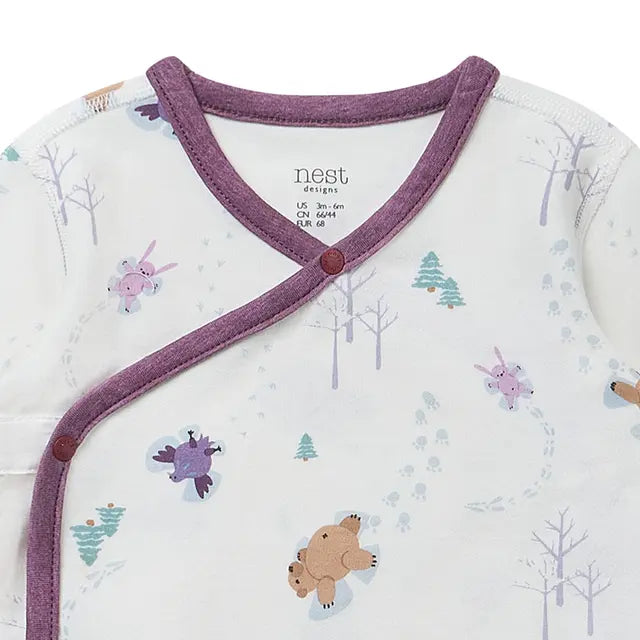 Organic Cotton Long Sleeve Kimono Onesie- Snow Angels