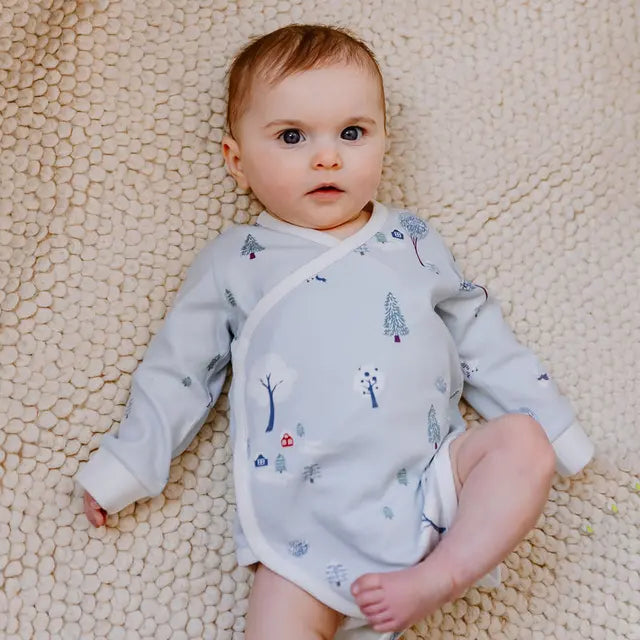 Organic Cotton Long Sleeve Kimono Onesie- Snowy Snuggles
