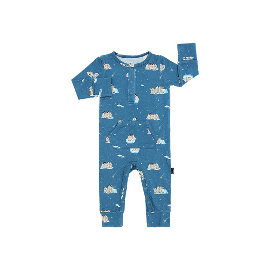 Bamboo Long Sleeve Pocket Romper- Penguins on Night Sky