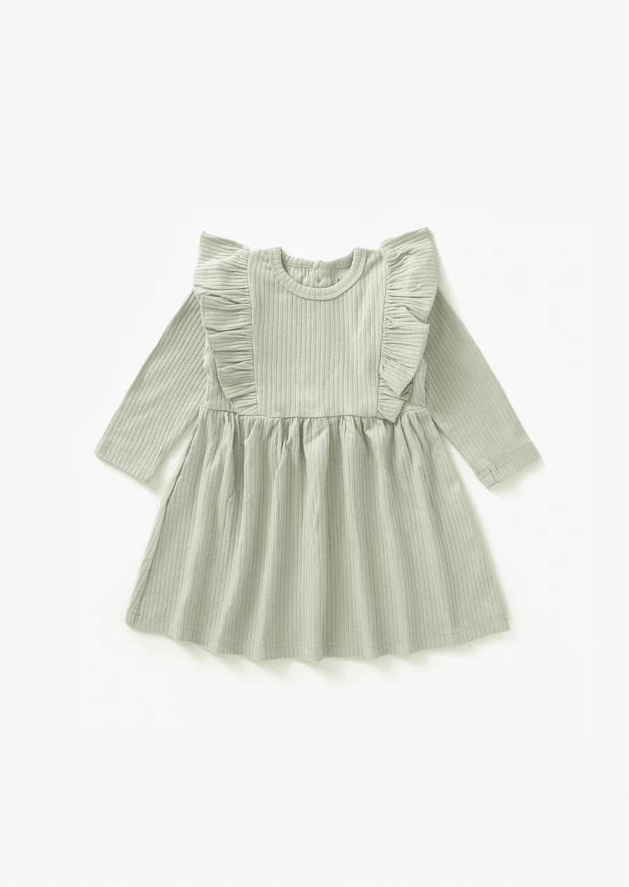 Organic Ribbed Flutter Dress- Pistachio