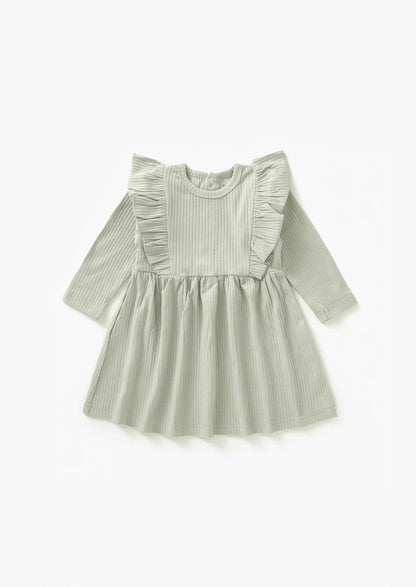 Organic Ribbed Flutter Dress- Pistachio