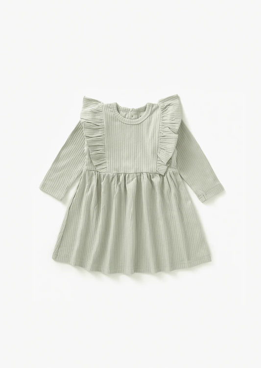 Organic Ribbed Flutter Dress- Pistachio