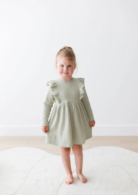 Organic Ribbed Flutter Dress- Pistachio