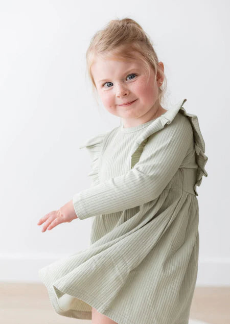 Organic Ribbed Flutter Dress- Pistachio
