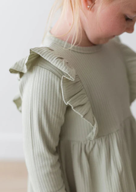 Organic Ribbed Flutter Dress- Pistachio