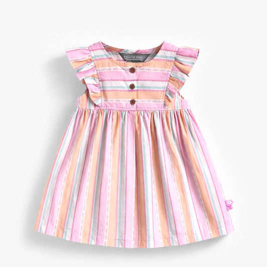 Pink & Orange Ruffle Sleeve Striped Baby Dress