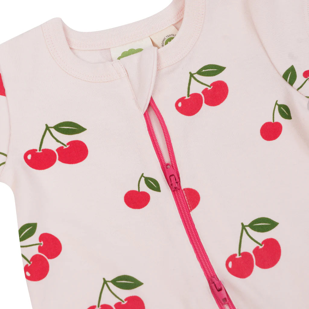 Organic Short Sleeve Zip Romper- Cherries