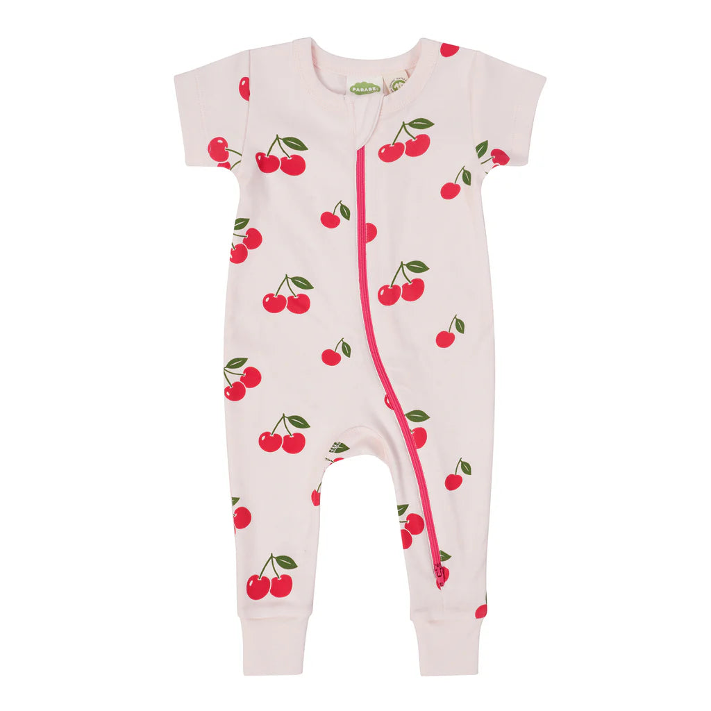 Organic Short Sleeve Zip Romper- Cherries