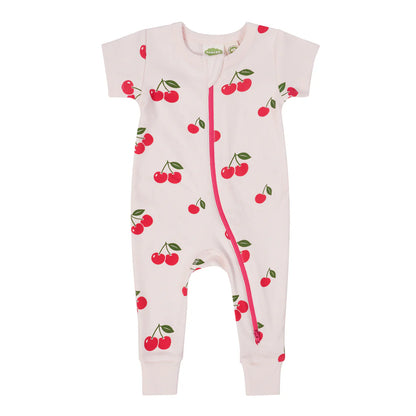 Organic Short Sleeve Zip Romper- Cherries