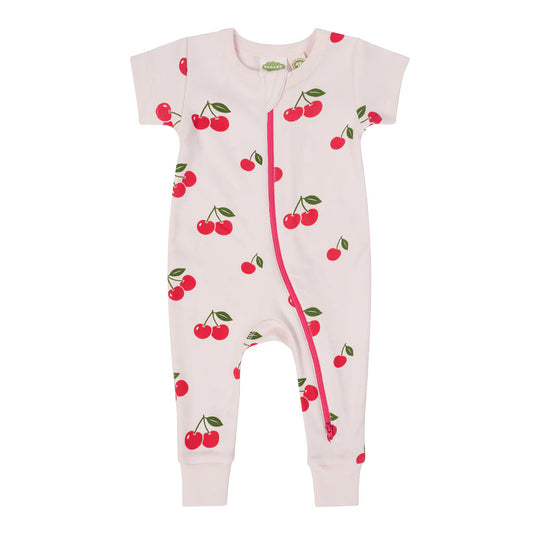 Organic Short Sleeve Zip Romper- Cherries