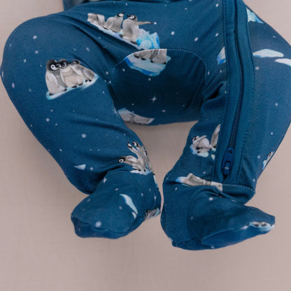 Bamboo Footed Zipper Sleeper- Penguins on Night Sky