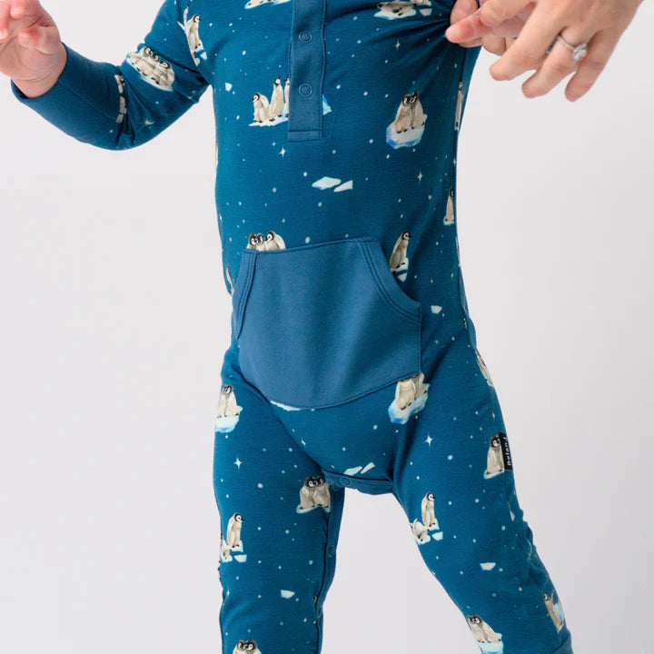 Bamboo Long Sleeve Pocket Romper- Penguins on Night Sky