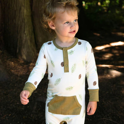 Bamboo Long Sleeve Pocket Romper- Pine Cones