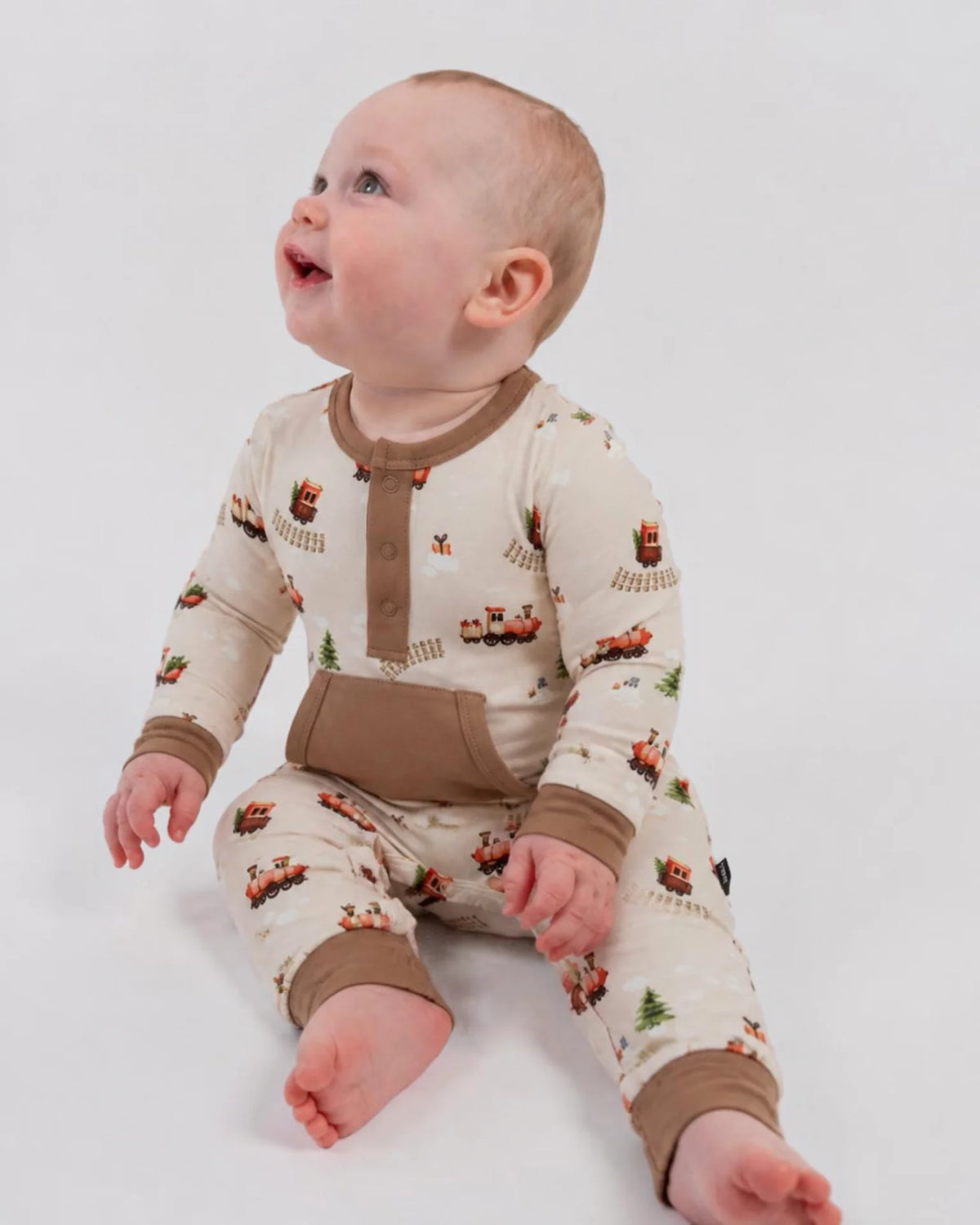 Bamboo Long Sleeve Pocket Romper- Christmas Train